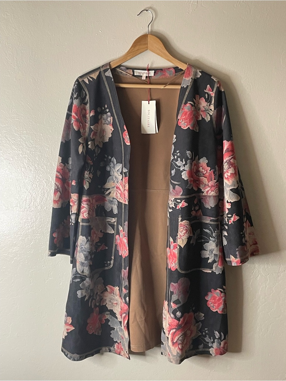 Solitaire suede Floral Open Front longline Costigan in Black with Pink Roses